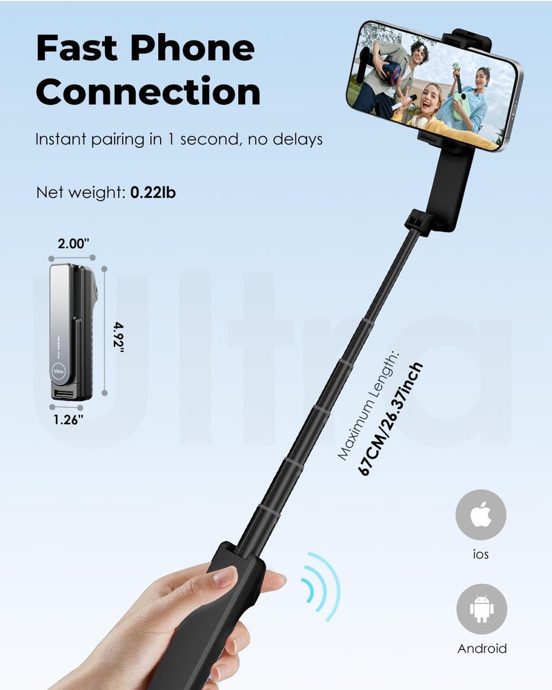 Viozon Aluminum Alloy Wireless Selfie Stick, Lightweight Extendable Pocket-Size Phone Stick with Remote, Compact Travel Selfie Stick Compatible with 4–7" Smartphones for Vlog/Film B - Image 3